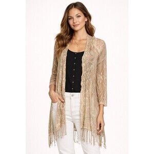🔥 CHICO’S BOHO LACE FRINGE CARDIGAN SZ 1 (M 8/10) GUC!